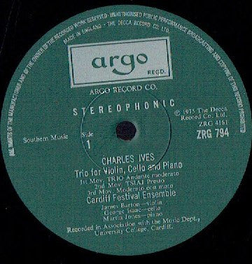 Charles Ives / Aaron Copland, Cardiff Festival Ensemble - Trio For Violin, Cello And Piano / Quartet For Piano And Strings