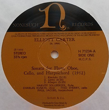 Elliott Carter - Sonata For Flute, Oboe, Cello & Harpsichord / Sonata For Cello & Piano