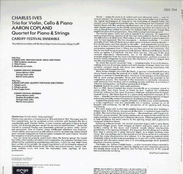 Charles Ives / Aaron Copland, Cardiff Festival Ensemble - Trio For Violin, Cello And Piano / Quartet For Piano And Strings