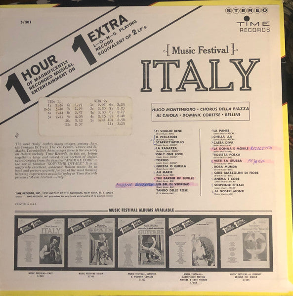 Hugo Montenegro, Chorus Della Piazza, Al Caiola, Dominic Cortese, Luciano Bellini - Music Festival: Italy