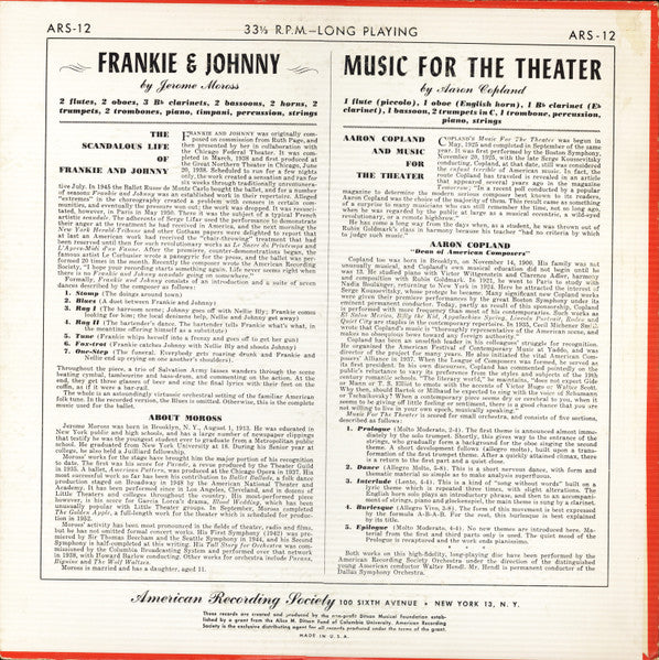 Aaron Copland, Jerome Moross, American Recording Society Orchestra - Music For The Theater / Frankie And Johnny