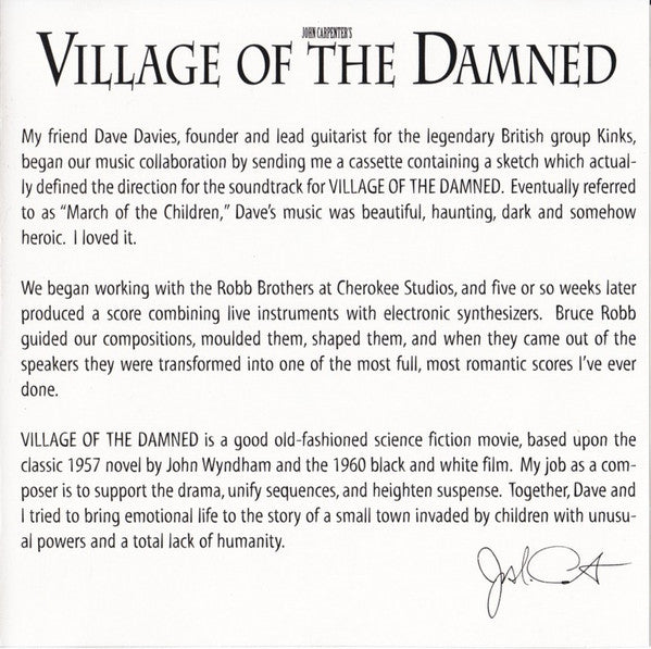 John Carpenter - Village Of The Damned (Original Motion Picture Soundtrack)