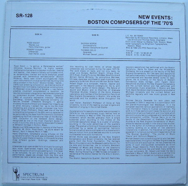 Robert Cogan, Thomas DeLio, Pozzi Escot, Shirish Korde - New Events: Boston Composers Of The '70's