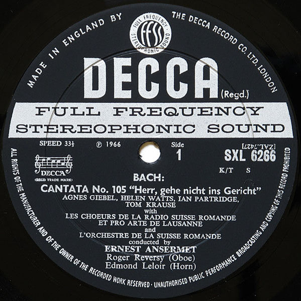 Johann Sebastian Bach, Helen Watts, Agnes Giebel, Tom Krause, Ian Partridge, L'Orchestre De La Suisse Romande, Ernest Ansermet - Cantata No. 45 / Cantata No. 105