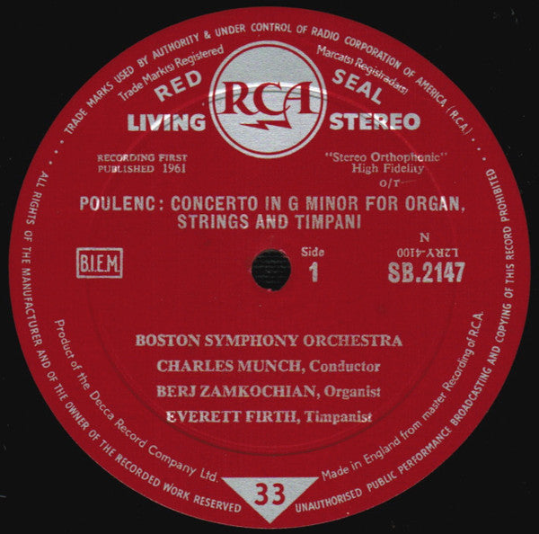 Francis Poulenc / Igor Stravinsky - Charles Munch, Boston Symphony Orchestra, Berj Zamkochian - Concerto For Organ, Strings And Timpani / Jeu Des Cartes