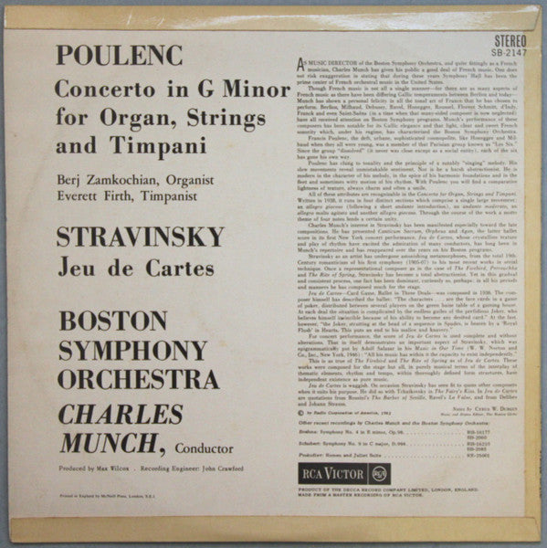Francis Poulenc / Igor Stravinsky - Charles Munch, Boston Symphony Orchestra, Berj Zamkochian - Concerto For Organ, Strings And Timpani / Jeu Des Cartes