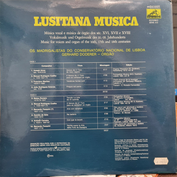 Os Madrigalistas Do Conservatório Nacional De Lisboa, Gerhard Doderer - Música Vocal e Música de Órgão dos Séc. XVI, XVII, E XVIII