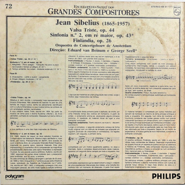 Jean Sibelius / Concertgebouworkest / George Szell / Eduard Van Beinum - Valsa Triste Op. 44 / Sinfonia N.º 2 Em Ré Maior, Op. 43 / Finlândia, Op. 26