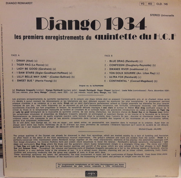 Django Reinhardt - Django 1934 - Les Premiers Enregistrements Du Quintette Du H.C.F.