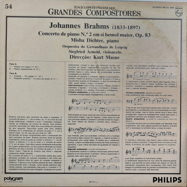 Johannes Brahms - Kurt Masur, Gewandhausorchester Leipzig, Misha Dichter - Concerto De Piano N.º 2 Em Si Bemol Maior, Op. 83