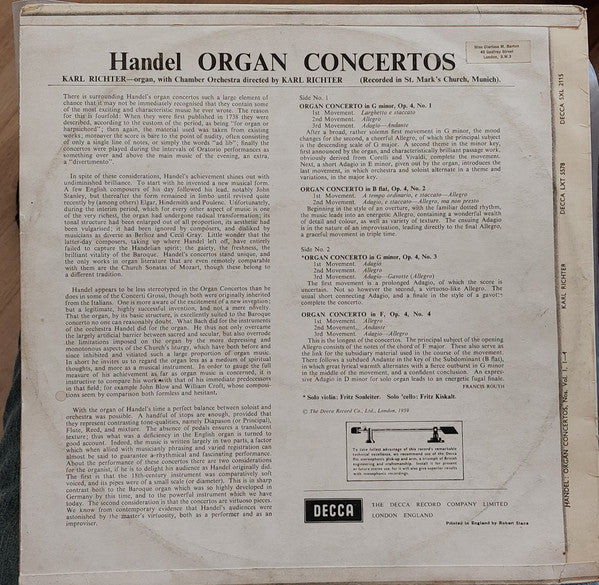 Georg Friedrich Händel, Karl Richter With Karl Richter Und Sein Kammerorchester - Organ Concertos Vol. 1 Nos. 1 2 3 4