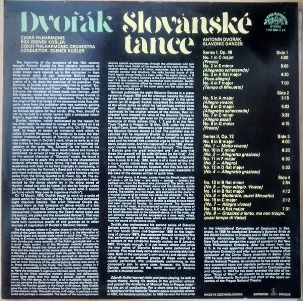 Antonín Dvořák, The Czech Philharmonic Orchestra, Zdeněk Košler - Slovanské Tance (Slavonic Dances / Slawische Tänze / Danses Slaves)