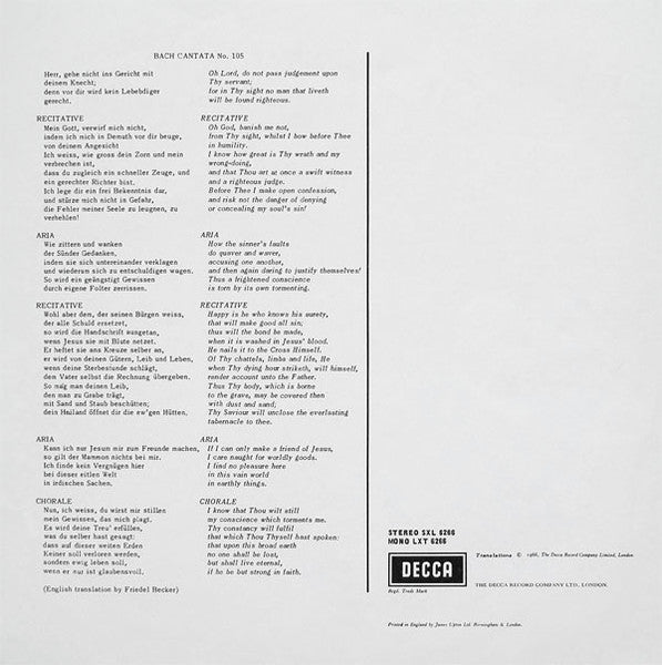 Johann Sebastian Bach, Helen Watts, Agnes Giebel, Tom Krause, Ian Partridge, L'Orchestre De La Suisse Romande, Ernest Ansermet - Cantata No. 45 / Cantata No. 105