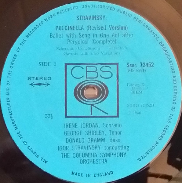 Igor Stravinsky, Irene Jordan, George Shirley, Donald Gramm, Columbia Symphony Orchestra - Pulcinella