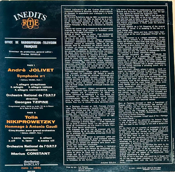 André Jolivet, Tolia Nikiprowetzky / Orchestre National De France Direction Georges Tzipine & Marius Constant - Symphonie N°1 / Hommage À Antonio Gaudi