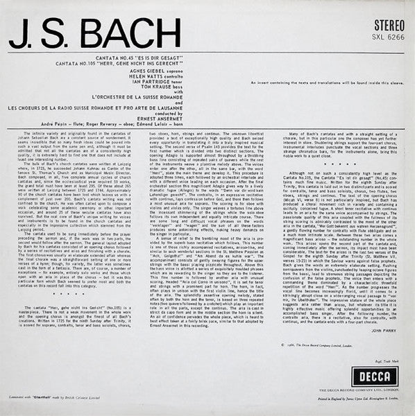 Johann Sebastian Bach, Helen Watts, Agnes Giebel, Tom Krause, Ian Partridge, L'Orchestre De La Suisse Romande, Ernest Ansermet - Cantata No. 45 / Cantata No. 105