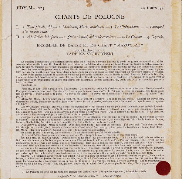 Mazowsze Sous La Direction De Tadeusz Sygietyński - Chants De Pologne