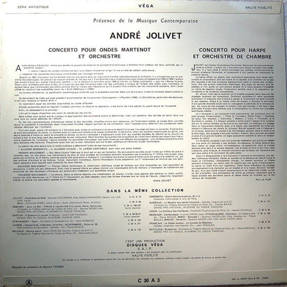André Jolivet / Ginette Martenot - Lily Laskine, Orchestre National De L'Opéra De Paris - Concerto Pour Ondes Martenot Et Orchestre / Concerto Pour Harpe Et Orchestre De Chambre