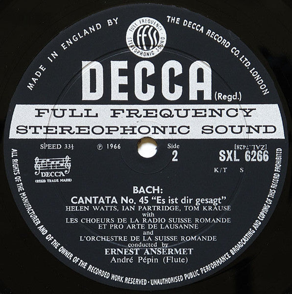 Johann Sebastian Bach, Helen Watts, Agnes Giebel, Tom Krause, Ian Partridge, L'Orchestre De La Suisse Romande, Ernest Ansermet - Cantata No. 45 / Cantata No. 105
