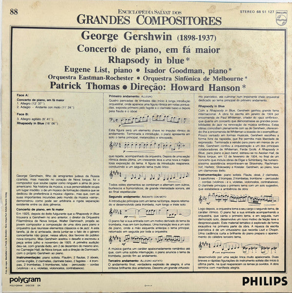 George Gershwin - Eugene List, Isador Goodman, Eastman-Rochester Orchestra, Melbourne Symphony Orchestra, Howard Hanson, Patrick Thomas (3) - Concerto De Piano / Rhapsody In Blue