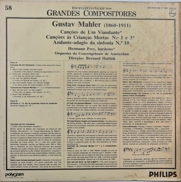 Gustav Mahler - Hermann Prey, Concertgebouworkest, Bernard Haitink - Canções De Um Viadante / Canções Às Crianças Mortas, N.os 1 e 3 / Andante-Adagio da Sinfonia n.º10