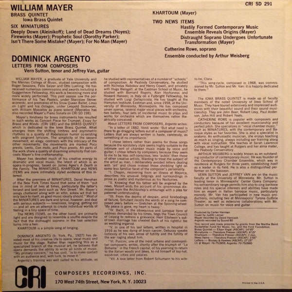 William Mayer / Dominick Argento - Brass Quintet / Miniatures / Two News Items / Letters From Composers