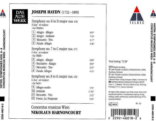 Joseph Haydn - Concentus Musicus Wien, Nikolaus Harnoncourt - Symphonies No. 6-8. «Le Matin» • «Le Midi» • «Le Soir»