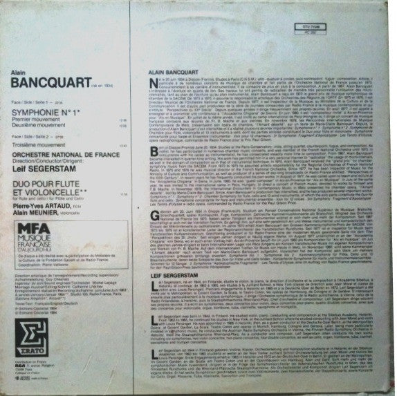 Alain Bancquart / Pierre-Yves Artaud / Alain Meunier - Symphonie N°1 / Duo Pour Flute Et Violoncelle