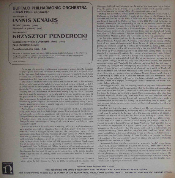 Iannis Xenakis / Krzysztof Penderecki - Akrata, Pithoprakta / Capriccio For Violin & Orchestra, De Natura Sonoris